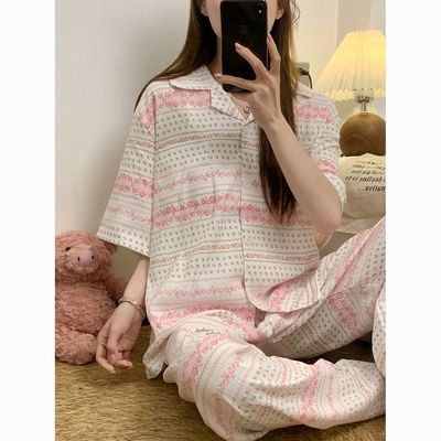 云朵棉睡衣女夏季短袖长裤薄款甜美碎花宽松大码家居服可外穿套装