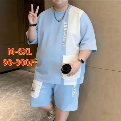 大码男装80-300斤夏季休闲运动套装撞色拼接工装口袋设计两件套