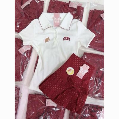 套装女2026春夏季韩系减龄学院风短袖百褶半身裙两件套女