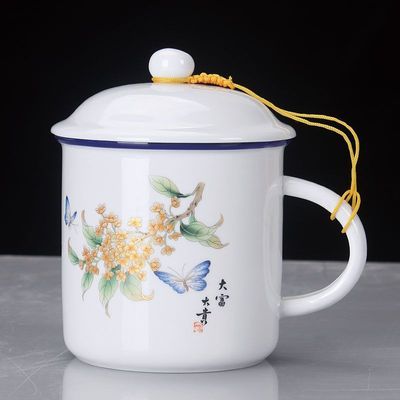 陶瓷马克杯大容量水杯带盖老式经典复古搪瓷杯简约茶缸咖啡杯定制