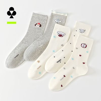 【有棵树】中筒袜女士无骨袜秋冬透气棉袜子可爱小狗韩系卡通百搭长袜