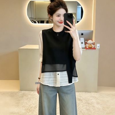 高级感黑色假两件短袖衬衫女夏季大码胖mm遮肚子显瘦超火减龄上衣