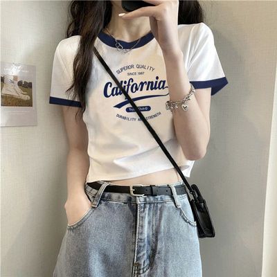 撞色正肩短袖女t恤短款夏季新款复古甜辣妹高腰圆领拼接上衣潮优惠商品图片