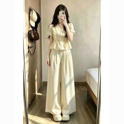 韩系巨好看ootd穿搭一整套2026新款黄色上衣女夏季阔腿裤两件套装【15天内发货】