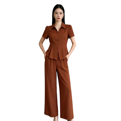 品牌正宗棕色显瘦时尚两件套女夏装套装阔腿裤休闲套装高档女夏装