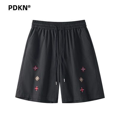 PDKN潮牌美式绣花弯刀拼接短裤男2026夏季新款潮流休闲薄款五分裤【5天内发货】