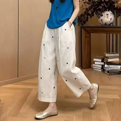 2026夏季新款莱赛尔天丝亚麻白色绣花波点阔腿裤显瘦百搭时尚舒适