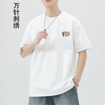 万针刺绣爆款宽松T恤男潮牌绣花韩版新年穿搭t恤短袖圆领纯色夏天