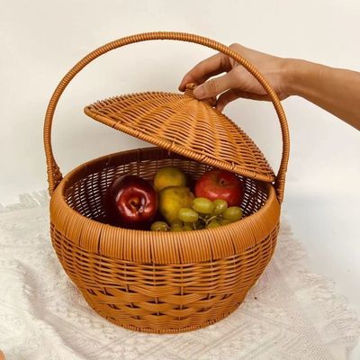 藤编圆形提篮拜拜带盖收纳水果仿藤手工编织手提购物篮野餐篮子