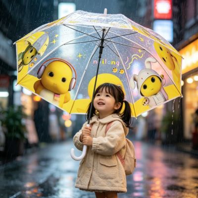 新款高颜值直杆耳机龙雨伞可爱卡通图案轻便学生透明雨伞