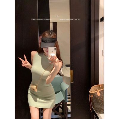 穿搭包臀连衣裙无袖露背修身白色裤子挂脖针织包臀修身露肩紧身优惠商品图片
