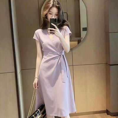 法式休闲连衣裙女夏新款紫色短袖开叉收腰显瘦气质a字裙子中长款