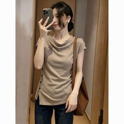 大码不规则堆堆领短袖t恤女夏季新款胖mm修身显瘦遮肉洋气上衣女