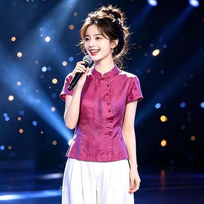 新中式国风立领盘扣衬衫女款2026夏季新款玫粉色正肩短袖旗袍上衣