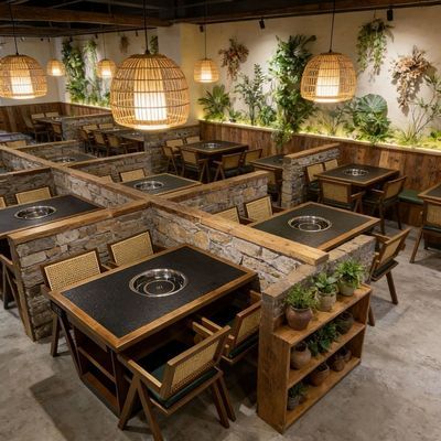 无烟烤肉实木岩板山野火锅店餐桌椅岩板烧烤桌子电磁炉一体商用
