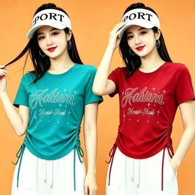 广场舞服装新款上衣 夏季短袖紫色抽绳显瘦T恤女运动舞蹈服优惠商品图片