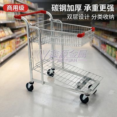 超市理货车双层手推车酒水上货车商场运货仓库搬运车静音折叠推车