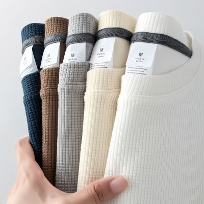 华夫格短袖t恤后圆领男夏季日系圆领两件装上衣宽松休闲纯色体恤