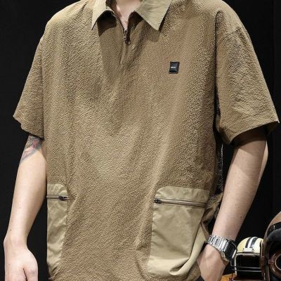 高端速干凉感科技口袋短袖Polo衫男夏季宽松大码休闲泡泡纱T恤男