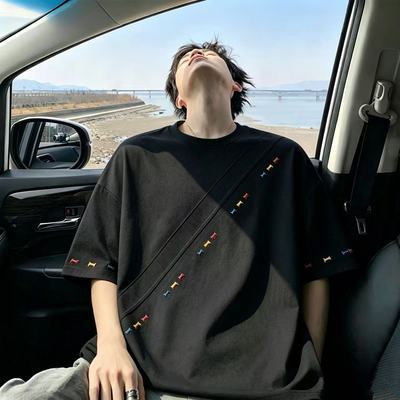 不是印花!!【刺绣工艺】美式短袖t恤男款夏季高级感痞帅拼接半袖