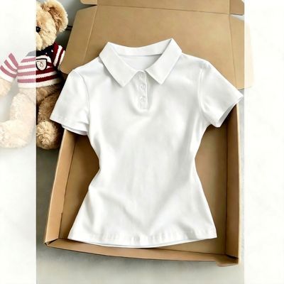 夏季新款日系甜美纯色短袖Polo衫纽扣设计翻领修身显瘦JK制服衬衫