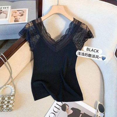 蕾丝拼接V领花边针织衫T恤女气质甜美弹力修身背心内搭夏季上衣优惠商品图片