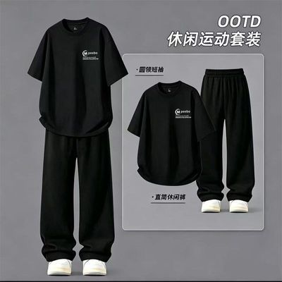 新款套装夏季短袖长裤简约冰丝休闲运动裤印花短袖t恤男女全套ins