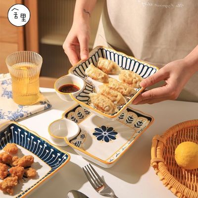 【舍里】日式陶瓷饺子盘带醋碟方形盘子创意薯条点心盘家用水饺专用盘优惠商品图片