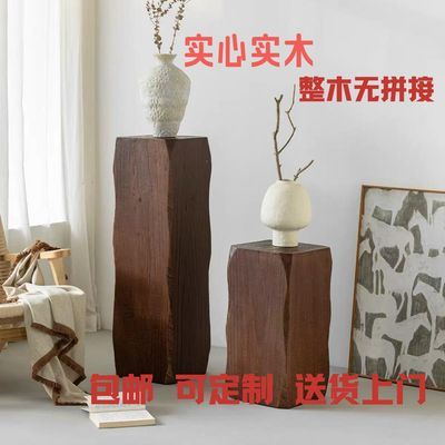 侘寂风方形木墩子坐凳花架原木树桩茶几边几复古自然实木底座摆件