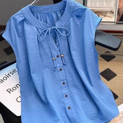 克莱因蓝色大码纯色衬衫系带短袖显瘦上衣夏季衬衣无袖开衫打底衫