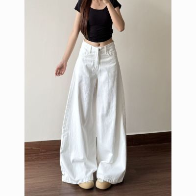 竹节纹白色阔腿牛仔裤女2026夏季新款高腰宽松显瘦小个子直筒裤子