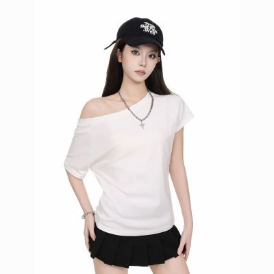 ZRCIR韩系一字领露肩T恤女夏2026时尚纯欲漏肩斜肩慵懒松弛感上衣【3天内发货】