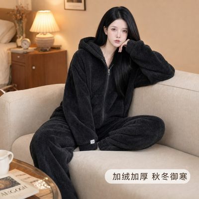 秋冬季爆款女款珊瑚绒纯色简约加绒连帽休闲秋冬家居服可外穿套装