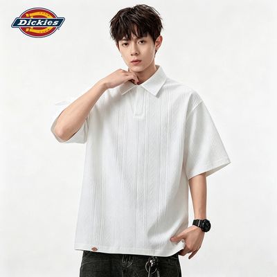 【Dickies】肌理提花宽松Polo短袖男女半开扣翻领小标简约透气上衣优惠商品图片