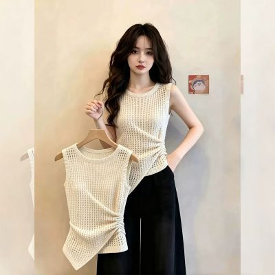 性感镂空收腰杏色无袖t恤上衣夏装外穿今年流行的漂亮针织背心女