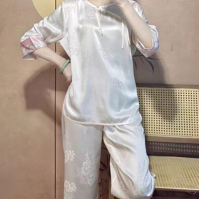 杭州100桑蚕丝七分袖新款睡衣女士提花新中式国风家居服套装优惠商品图片