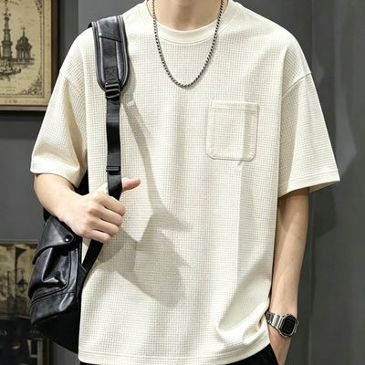 新款透气华夫格夏季宽松休闲男士口袋圆领上衣半袖短袖T恤体恤