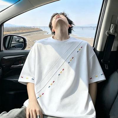 不是印花!!【刺绣工艺】美式短袖t恤夏季男款高级感痞帅拼接半袖优惠商品图片
