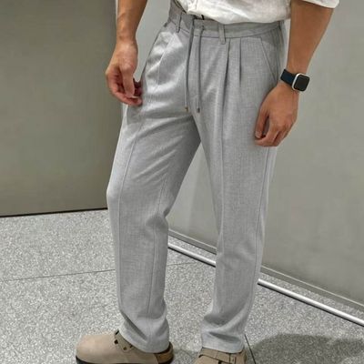羊毛混纺休闲西裤bc家同款锥形男士长裤浅灰轻奢老钱风男裤抽绳裤
