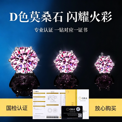 彩色仿莫桑钻耳钉S925纯银防过敏六爪粉色钻石耳骨钉养耳洞高级感