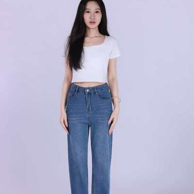 泫雅风夏季薄款牛仔裤女2026新款微弹高腰显瘦天蓝色九分烟管裤