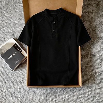 夏季美式男款短袖立领牌裁剪解构半袖宽松t恤polo衫亨利领体恤潮优惠商品图片