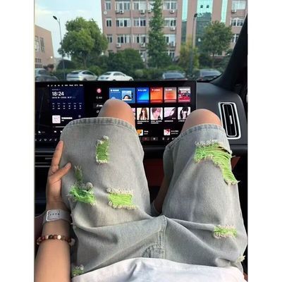 美式复古破洞牛仔短裤男款夏季水洗做旧裤子设计感休闲直筒五分裤