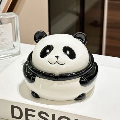 精品可爱陶瓷熊猫新款烟灰缸带盖防灰飞高级感轻奢家用客厅卧室