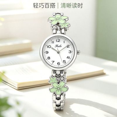 清新花朵装饰银色金属表带女士时尚腕表轻巧百搭日常佩戴