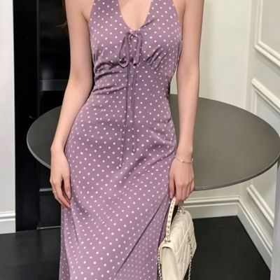 长裙子法式风情紫色波点挂脖连衣裙女夏季轻奢感绝美气质收腰v领优惠商品图片