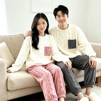 情侣珊瑚绒睡衣秋冬加厚保暖家居服针织毛衣裤套装