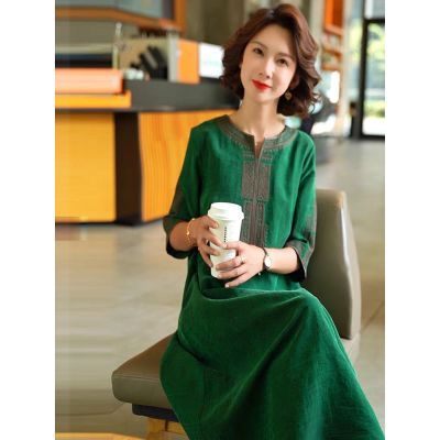 外贸服饰~新中式国风印花V领连衣裙女夏季宽松显瘦休闲气质长裙子