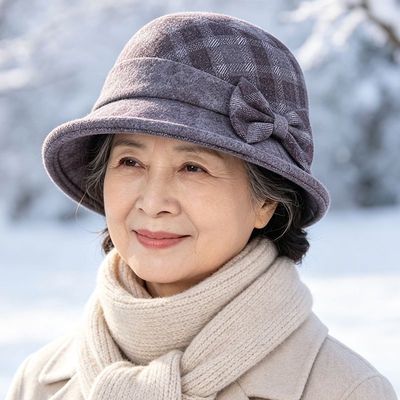 秋冬季中老年人帽子妈妈奶奶保暖加厚毛呢盆帽老人中老年渔夫帽