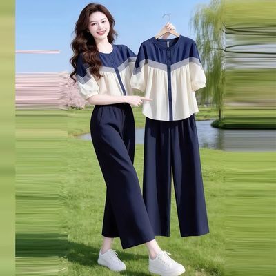 韩版撞色两件套女夏季宽松百搭五分短袖衬衫上衣+阔腿裤时尚套装